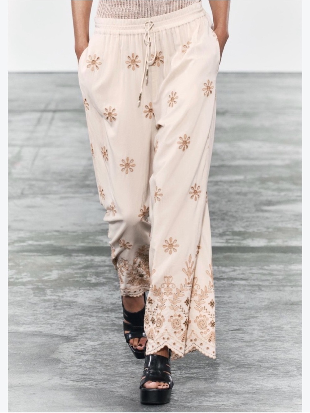 Zara Cream Wide-Leg Embroidered Pajama Pants